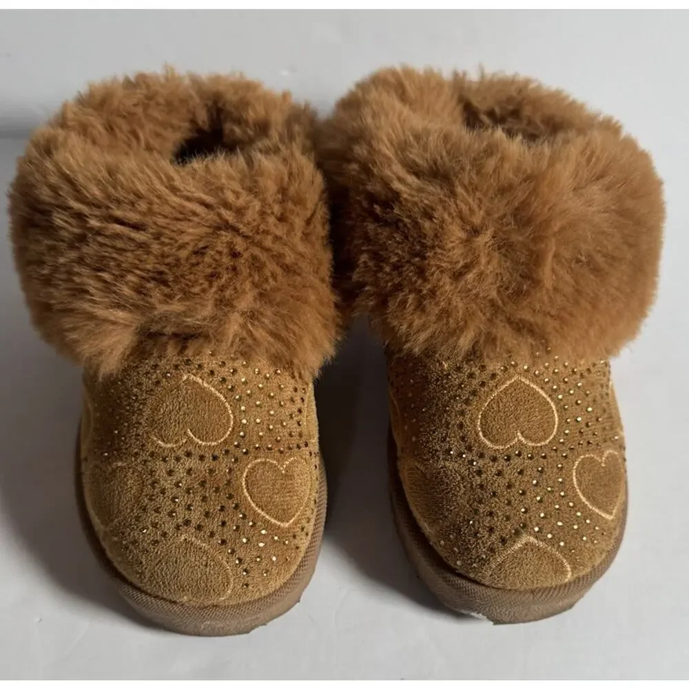 Tahari Girls Size 9 Brown Faux Fur Ankle Boots Hearts Rhinestone Winter